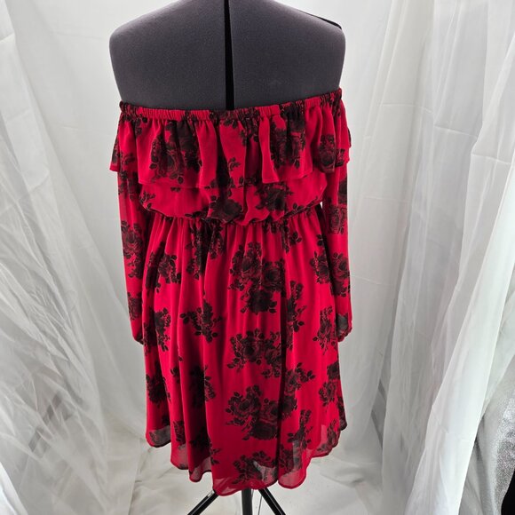 76-17 Torrid Red Roses Chiffon Off Shoulder long sleeve Skater Dress Size 14/16 - Picture 6 of 12